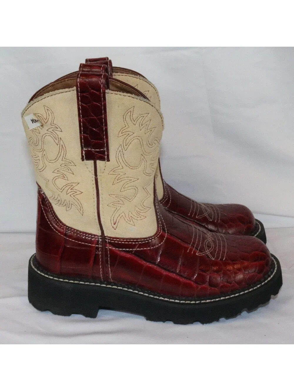 Ariat Fatbaby 14709 Women Red Croc Embossed Leather Western Boots 5.5B Tan Suede